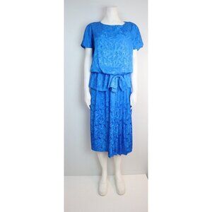 VINTAGE WOMEN'S BLUE FLORAL TEXTURED BLOUSON DRESS - STUART ALAN - SIZE M